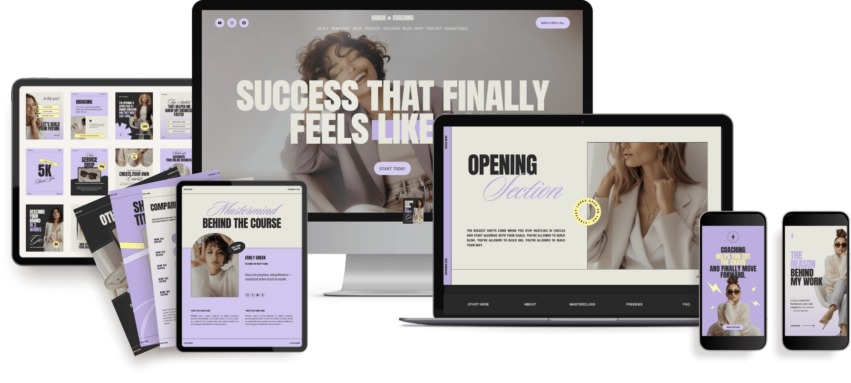 Collection of digital devices displaying various coaching and online business marketing website pages, including desktop monitors and smartphones with images of women and promotional content.