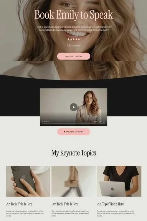 A promotional webpage for a speaker named Emily, featuring her book titled 'Emily to Speak,' with a quote, a video introduction, and sections listing her keynote topics with related images.