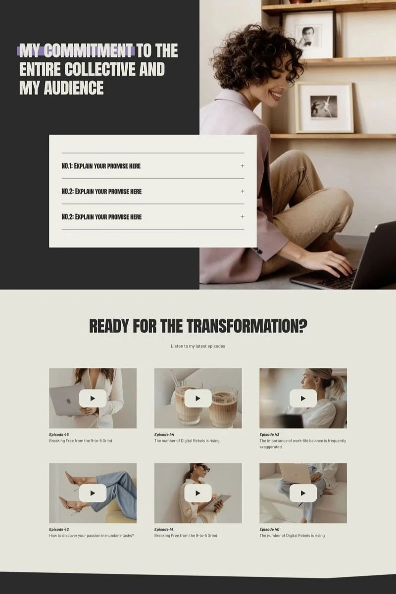 A woman sitting on the floor in front of a laptop, smiling, with framed photos on a wall behind her. The image is part of a promotional material about commitments, promises, and podcasts episodes.