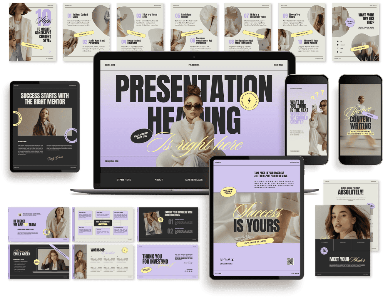 A collection of digital presentation slides and devices displaying various marketing and branding presentation designs with women models, text, and graphics.