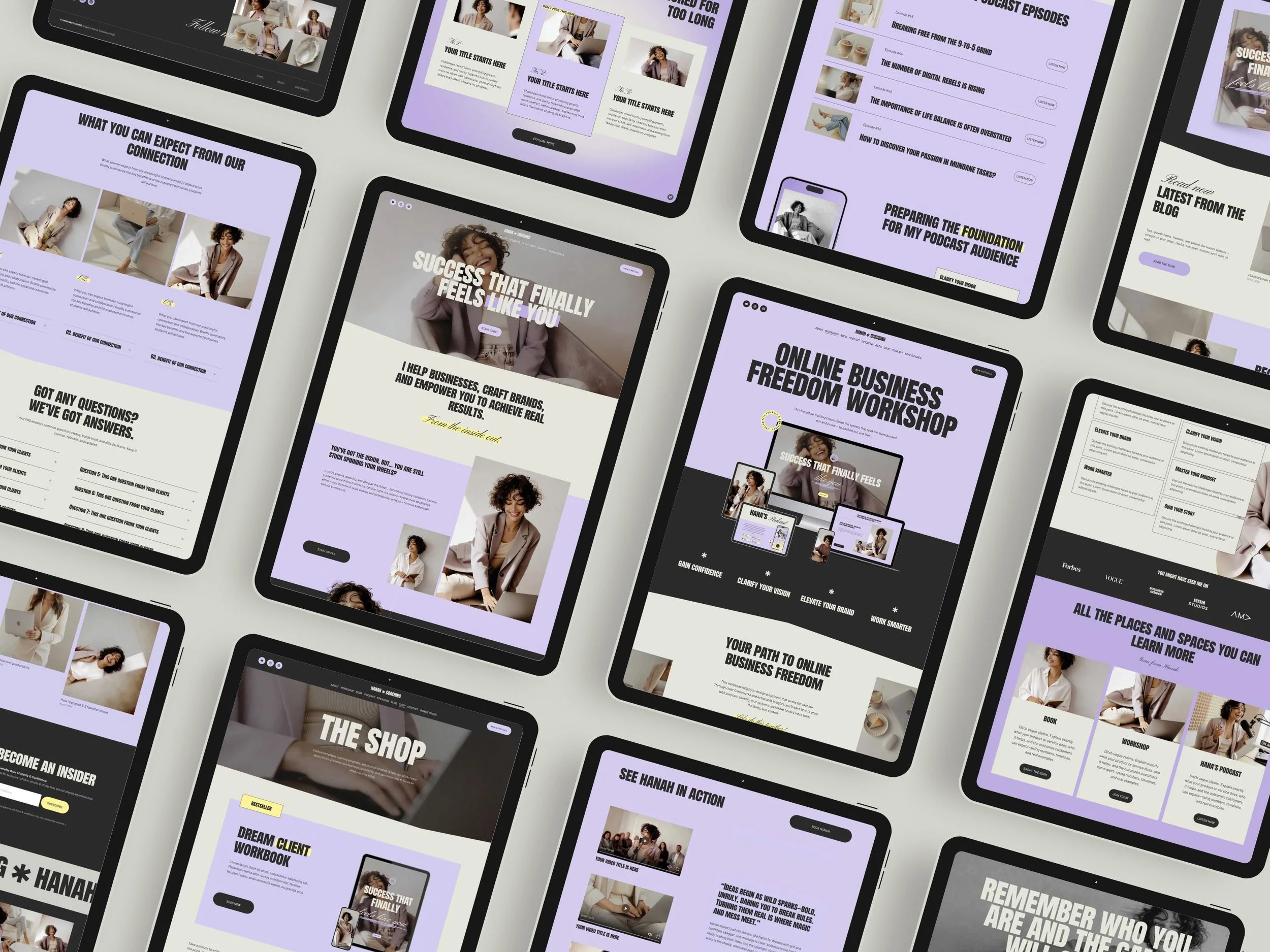 Multiple digital screens displaying website and presentation designs related to online business, workshops, and coaching, with a purple, black, and white color scheme.