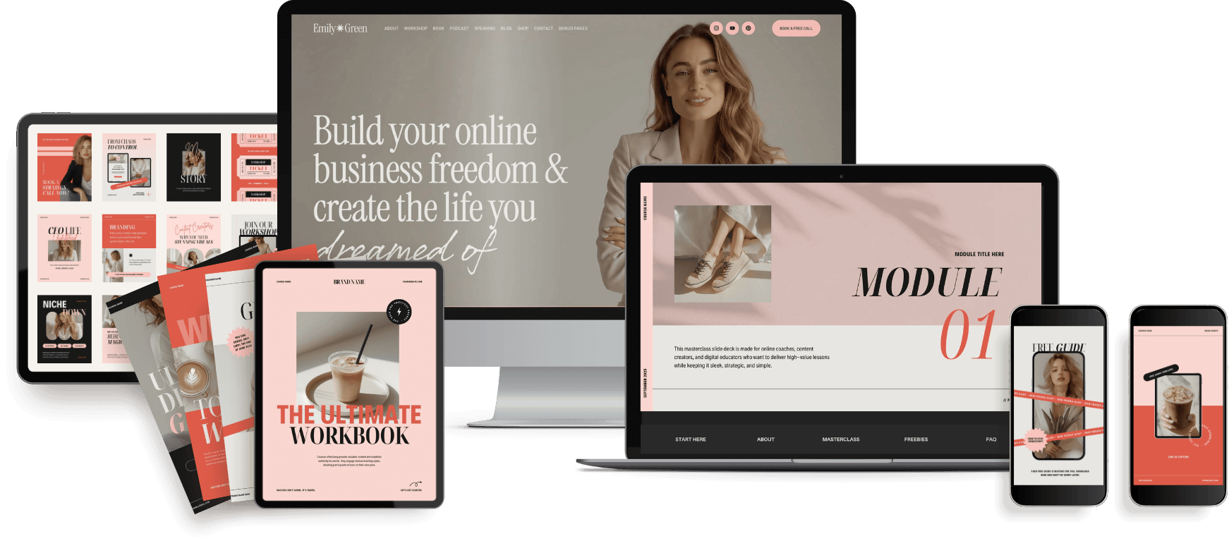 Multiple electronic devices displaying website templates and digital content, including a computer monitor, tablets, and smartphones, with images of a woman, a coffee drink, and various promotional texts.