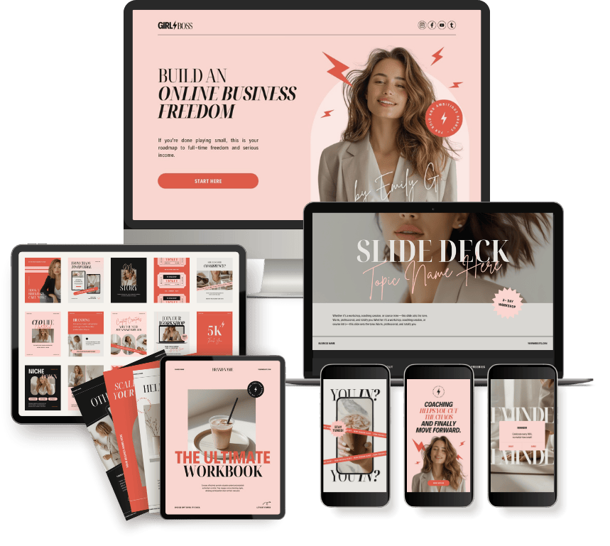 A collection of digital screens displaying a website or digital content related to online business and coaching, featuring images of a smiling woman with wavy hair, pink and black color schemes, and various text such as "Build an online business freedom," "Slide Deck," and "The Ultimate Workbook."