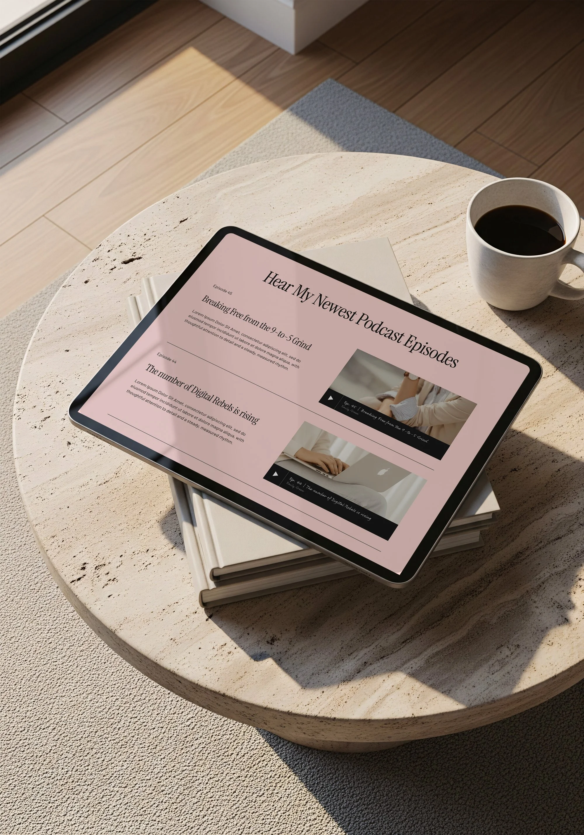 Tablet displaying a podcast website on a stack of books on a round table, with a cup of coffee nearby.