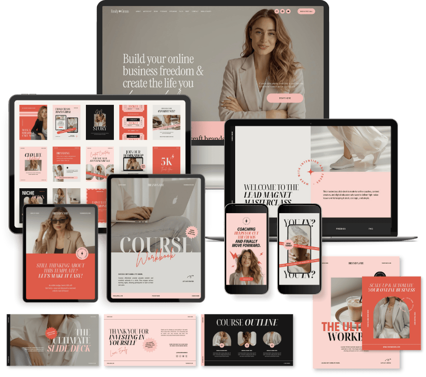 Multiple electronic devices showing various online business and marketing course screens, including laptops, tablets, and smartphones, with images of women and promotional content. Premium Squarespace Website and Canva Templates for modern businesses