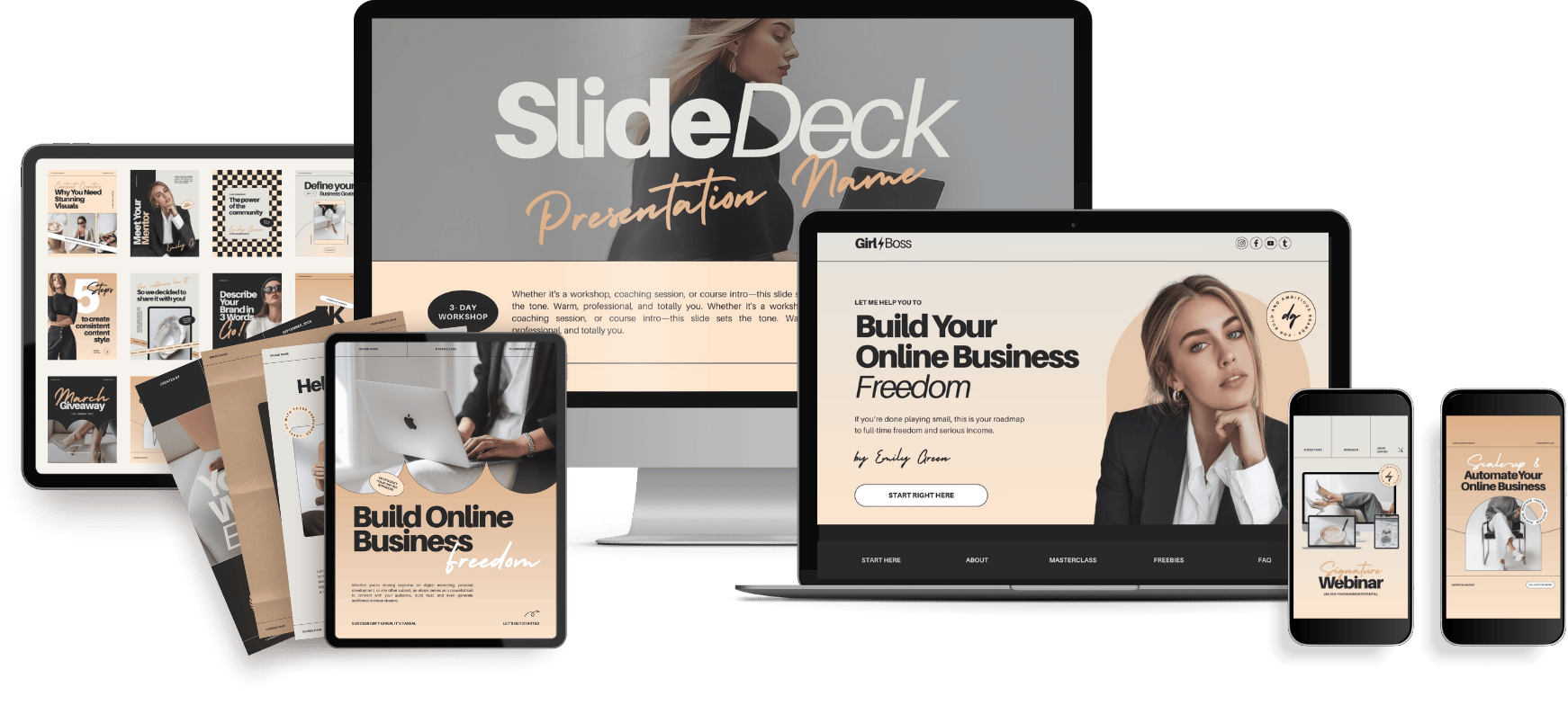 Multiple digital devices displaying online business and webinar presentation slides with images of women and text promoting building an online business and webinar registration.