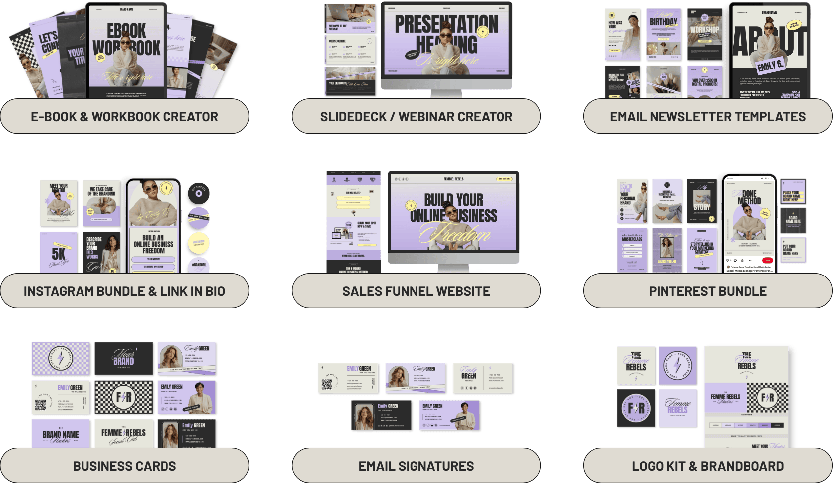 Collection of digital marketing and branding templates, including e-book and workbook covers, slideshow and webinar slides, email newsletter templates, Instagram bundle, sales funnel website, Pinterest bundle, business cards, email signatures, and logo and brand board design.
