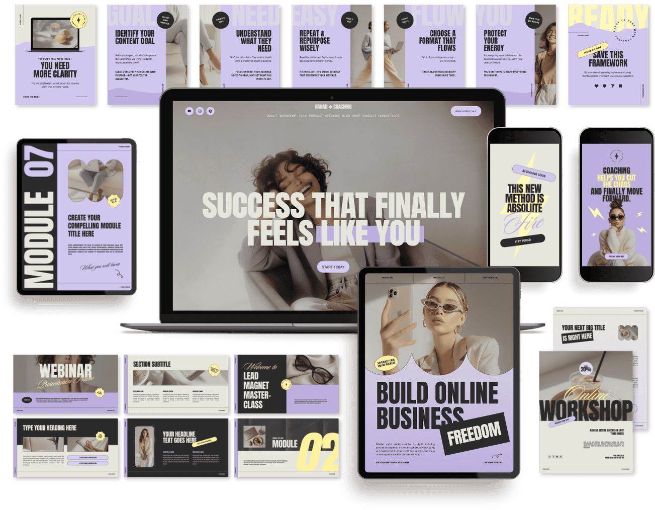 Multiple Canva social media templates showing online coaching, business, and workshop presentations with a focus on success, online business, and modules, featuring images of women, purple and yellow color schemes, and various text headlines.