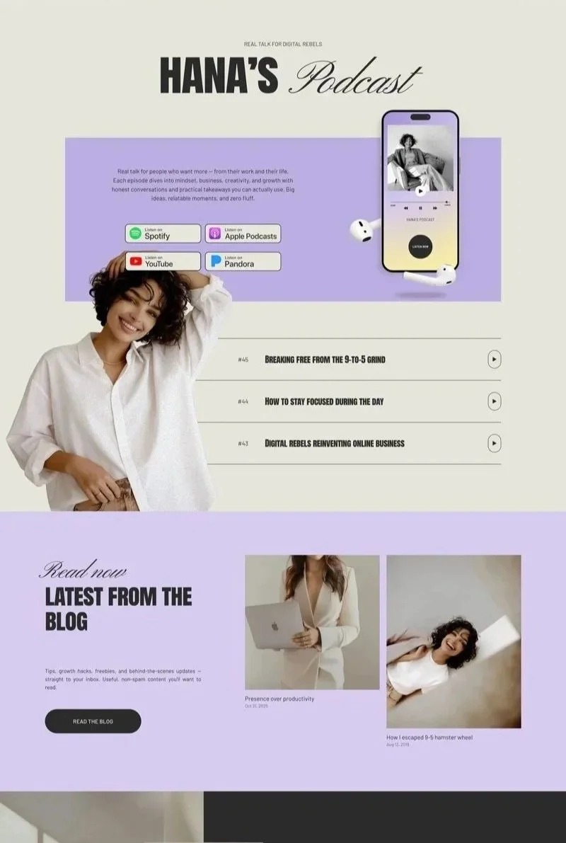 Webpage layout for "Hana's Podcast" featuring a woman smiling with her hand in her hair, a smartphone graphic with earbuds, and a blog section with images and text about productivity and creativity.