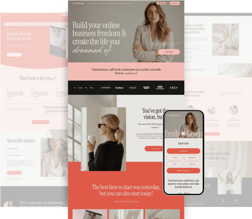 Mockup of multiple digital screens and a smartphone showcasing a website for Emily Green, emphasizing online business building, empowerment, and personal branding. The design features a woman with long hair dressed in a blazer on the homepage, with soft pastel colors and motivational text.