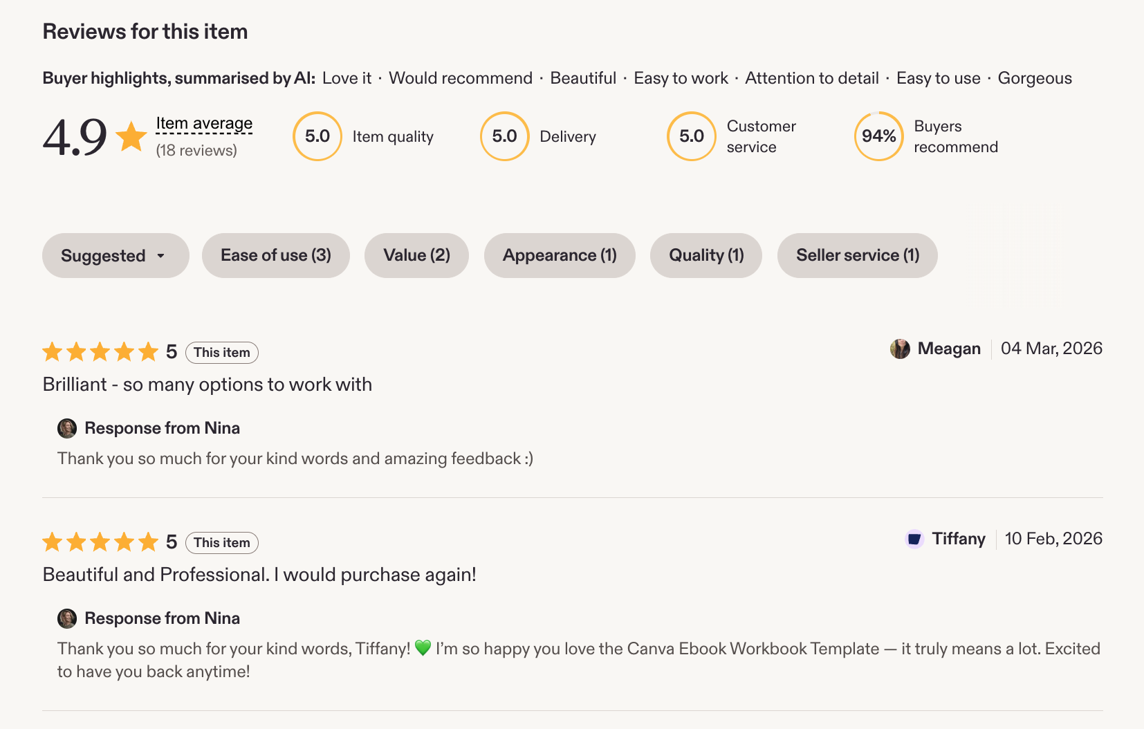 Screenshot of a reviews section for an item, showing overall ratings of 4.9 stars from 18 reviews, with perfect scores in item quality, delivery, and customer service, and 94% buyer recommendation. The page highlights customer comments and responses from the seller.
