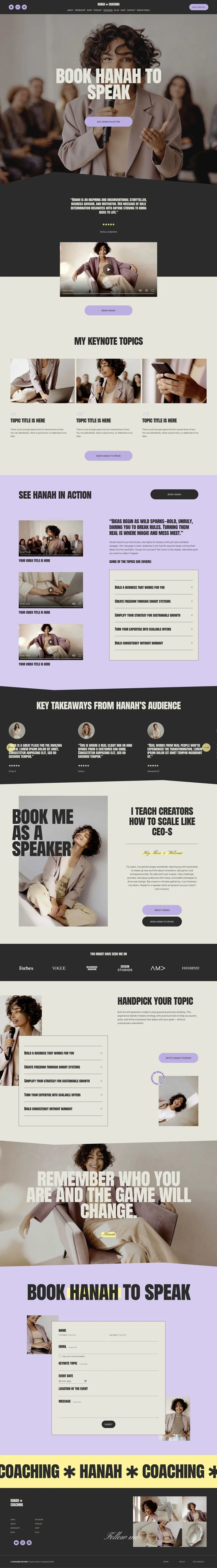 A woman speaking into a microphone during a presentation or seminar, with an audience seated behind her, on a webpage promoting a speaking course or coaching service.
