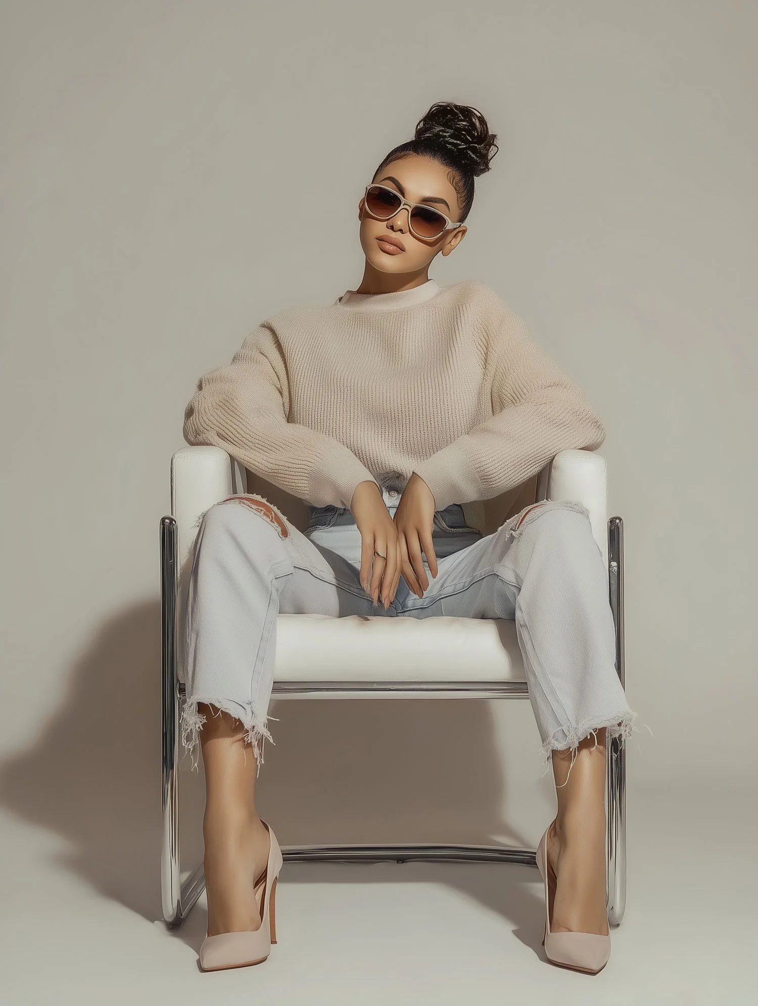 A woman wearing sunglasses, a beige sweater, ripped white jeans, and high heels, sitting on a chair against a plain background.