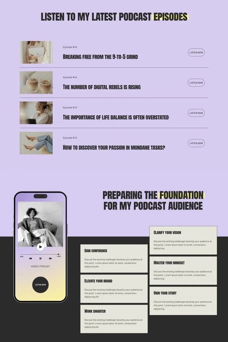 A digital graphic design promoting a podcast. The top part lists four podcast episodes with titles and 'Listen Now' buttons, set against a purple background. The titles include 'Breaking Free from the 9-to-5 Grind,' 'The Number of Digital Rebels is Rising,' 'The Importance of Life Balance is Often Overstated,' and 'How to Discover Your Passion in Mundane Tasks?' Below, there's an illustration of a smartphone with a podcast image and a play button, alongside text boxes with tips on preparing a podcast audience, such as 'Gain Confidence,' 'Elevate Your Brand,' and 'Work Smarter.' Additional sections include 'Clarify Your Vision,' 'Master Your Mindset,' and 'Own Your Story.'