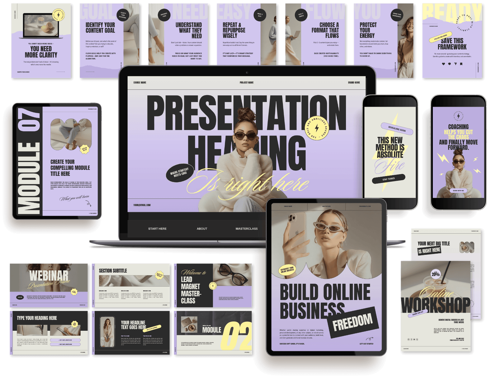 A collection of digital presentation templates displayed on tablets, smartphones, and a laptop. The templates focus on online business, coaching, modules, webinars, and workshops, featuring a modern aesthetic with purple, black, and beige colors and 