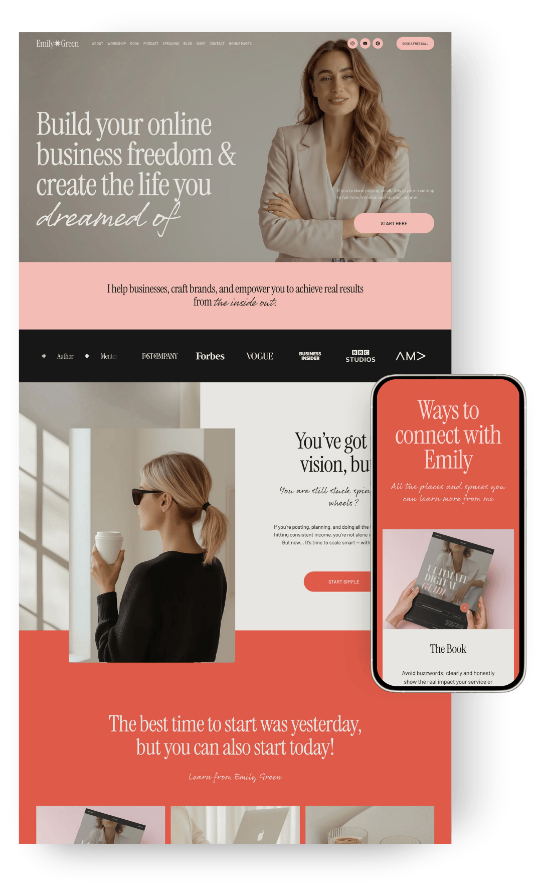A Squarespace website homepage for Emily Green promoting building online business freedom, with images of women and sections about connecting and starting a business.