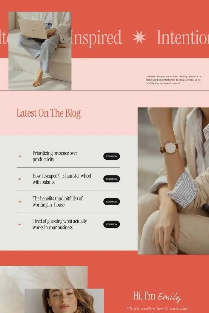 A blog website with a coral pink and light pink color scheme. The page features a person sitting on a couch with a laptop, a close-up of a woman's arm wearing a watch, and a woman with blonde hair in the bottom left corner. The text includes phrases like "Inspired Intentions," "Latest on the Blog," and a list of blog topics such as productivity, balancing tasks, advantages of working in-house, and business strategies. There is also a greeting "Hi, I'm Emily" with a note about teaching creators.