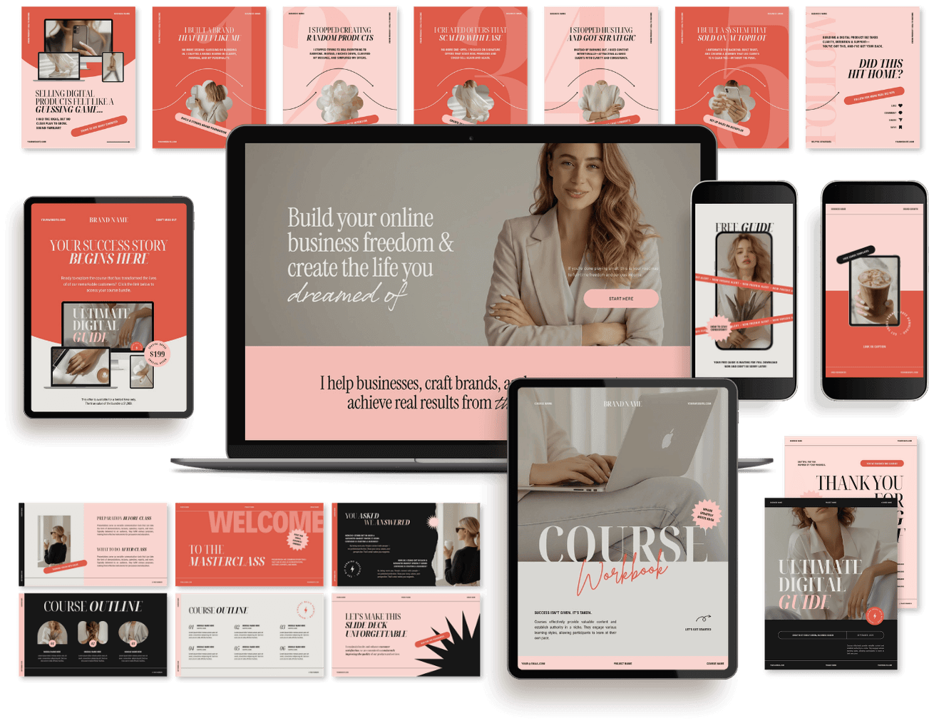 A collection of digital marketing and business course materials displayed on various devices including laptops, tablets, and smartphones. The content features motivational headlines, workbook pages, guides, and templates with a consistent pink, white, and black color scheme.