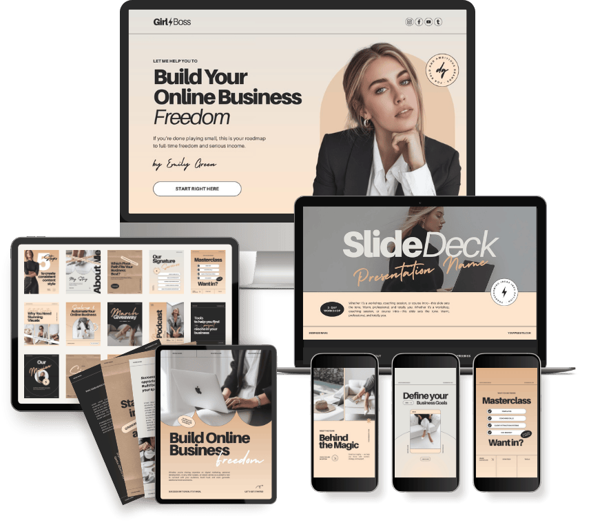 A collection of digital devices showcasing various online business presentation slides, including a computer monitor, a tablet, and smartphones, with themes on building an online business, freedom, and professional growth.