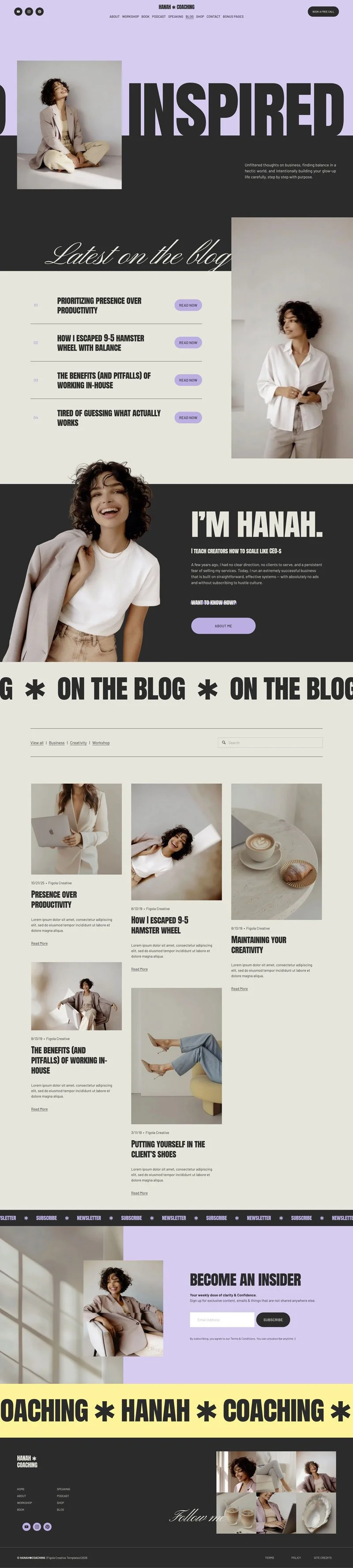 A woman with curly hair dressed in neutral colors, sitting and smiling in the top left and bottom right sections, with another woman with short curly hair in white shirt holding a phone in the middle right section, and a smiling woman holding a blazer in the bottom left section. The page features black, purple, and beige tones with headings about coaching and blogging.