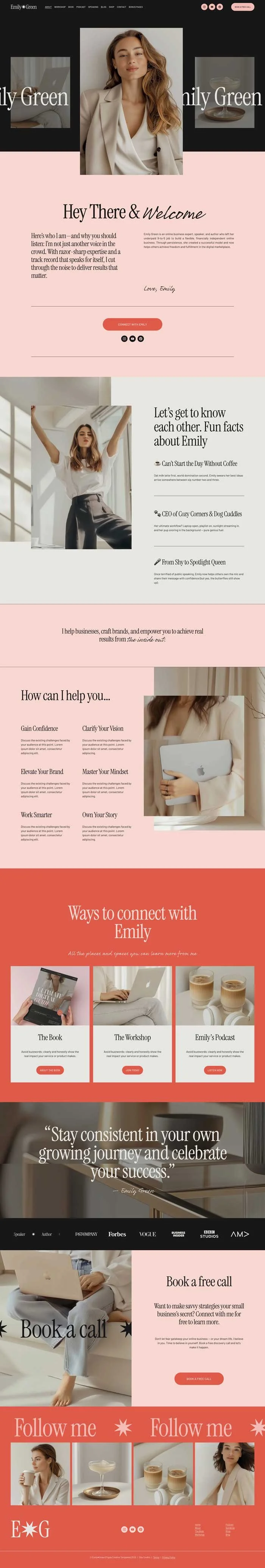 A webpage homepage for Emily Green, a personal brand or coaching service. It features a central photo of a confident woman with wavy hair, wearing a beige blazer. The page includes sections for introductions, services, ways to connect, and testimonials, with soft pink and black color scheme, and various images of Emily and related items like coffee, books, and her podcast.