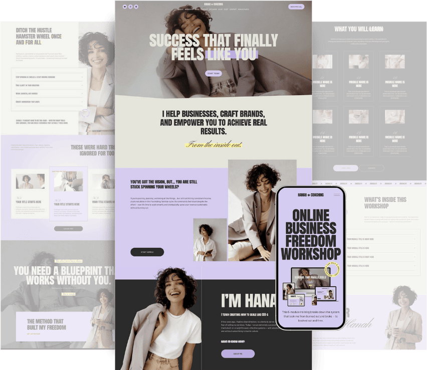 A collage of digital marketing and online business workshop web pages on various devices, featuring images of smiling women, course titles, and promotional text about business success and freedom.