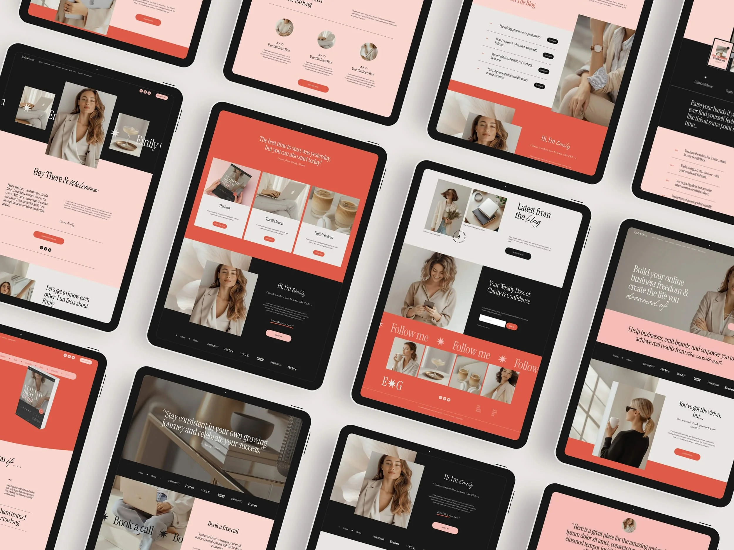 A collage of multiple tablet screens displaying various website blog and business pages with a pink, black, and white color scheme, featuring images of women, text, and graphics related to online business, blogging, and personal branding.