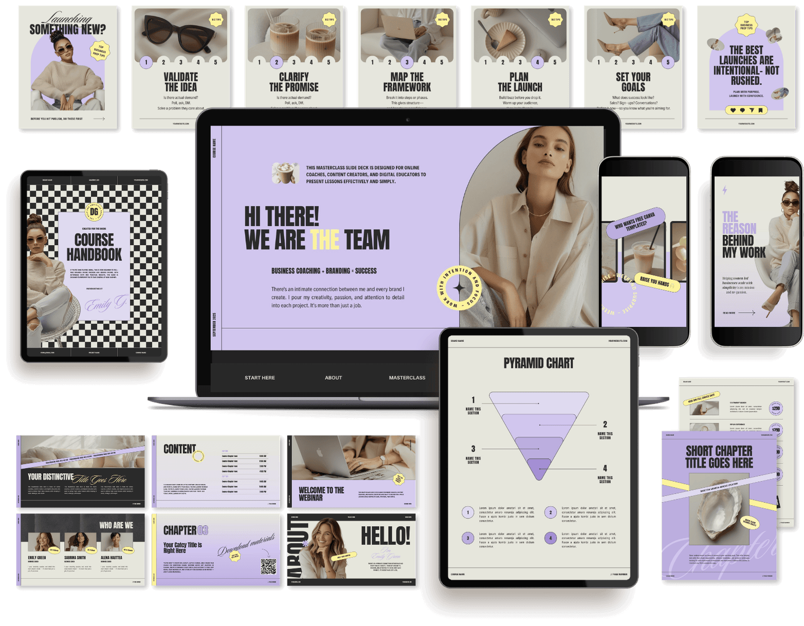 Collection of digital presentation slides and documents related to coaching, branding, and success, featuring a woman in various poses, with graphics of food and drinks, charts, and text on a purple, black, and white color scheme.
