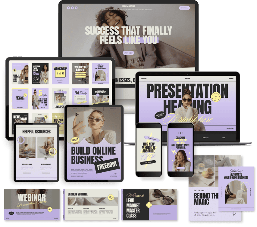 A collage of various digital devices displaying online business and coaching website content, including smartphones, tablets, and laptops with images of women, promotional graphics, and motivational messages.