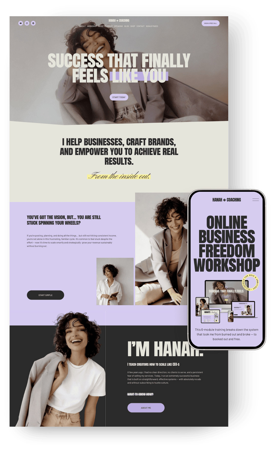 Squarespace Website homepage and mobile view of Hanah Coaching promoting online business freedom workshop, featuring a smiling woman in a beige blazer, with bold text about success and scaling businesses.