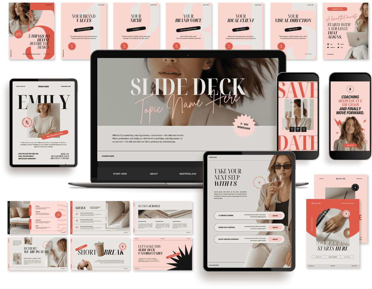 A digital presentation slide deck showcasing various marketing and coaching services on multiple devices, including laptops and smartphones, with a modern, minimalist design using shades of pink, beige, and black.
