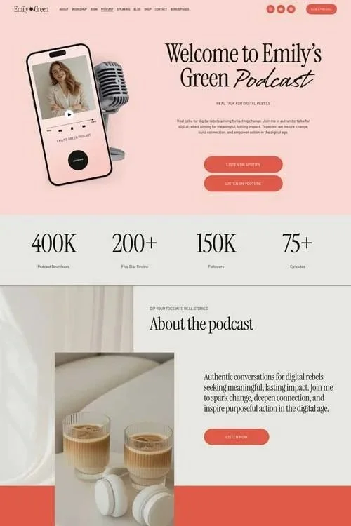 Webpage screenshot of Emily Green's podcast website with a pink background, featuring a smartphone with a microphone, podcast info, listen buttons, and statistics about downloads, reviews, followers, and episodes.