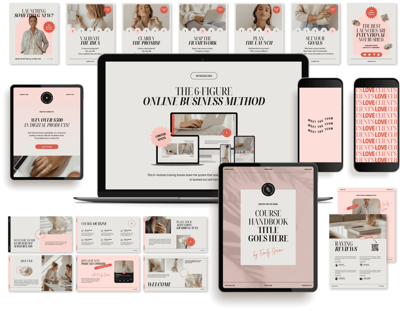 Collection of digital devices displaying online business course materials, including a course handbook, promotional slides, and reviews, emphasizing a modern, minimalistic aesthetic with soft pink, black, and white color scheme.