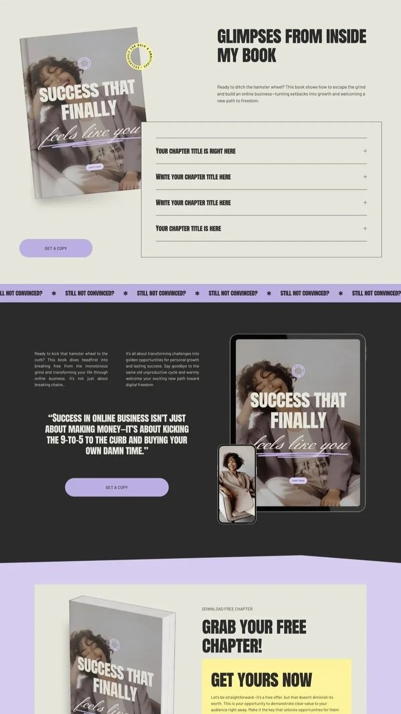 Promotional webpage for a book titled "Success That Finally Feels Like You." The page features images of the book cover, which shows a woman with curly hair resting her head on her hand, and mentions chapters and a free chapter download. The design uses purple and black accents with sections inviting readers to get a copy and mentioning the book's focus on online business success.
