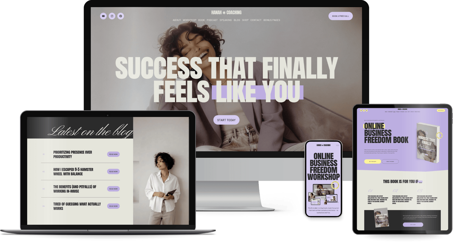Responsive website designs displayed on various devices featuring coaching services, a blog, and a book titled "Success That Finally Feels Like You" with a woman smiling in the background.
