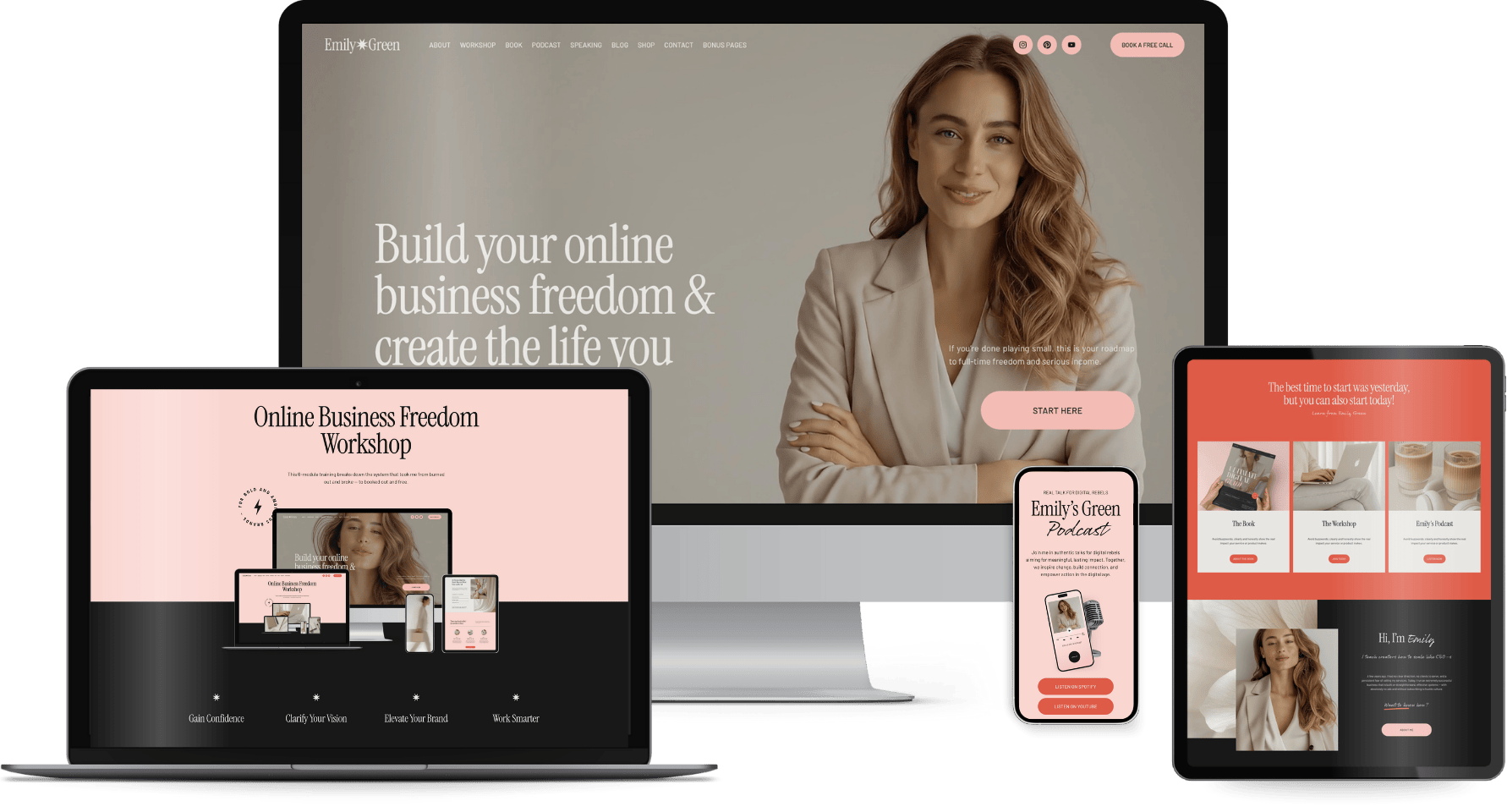 Screenshot of Emily Green's website showcasing resources for building an online business, featuring a woman with long wavy hair in a beige blazer, with sections for a workshop, podcast, and blog on different devices.