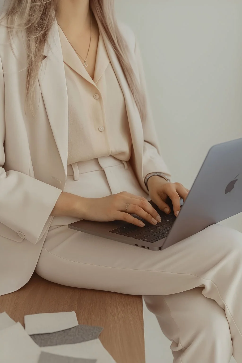 A person in a beige suit working on a laptop.