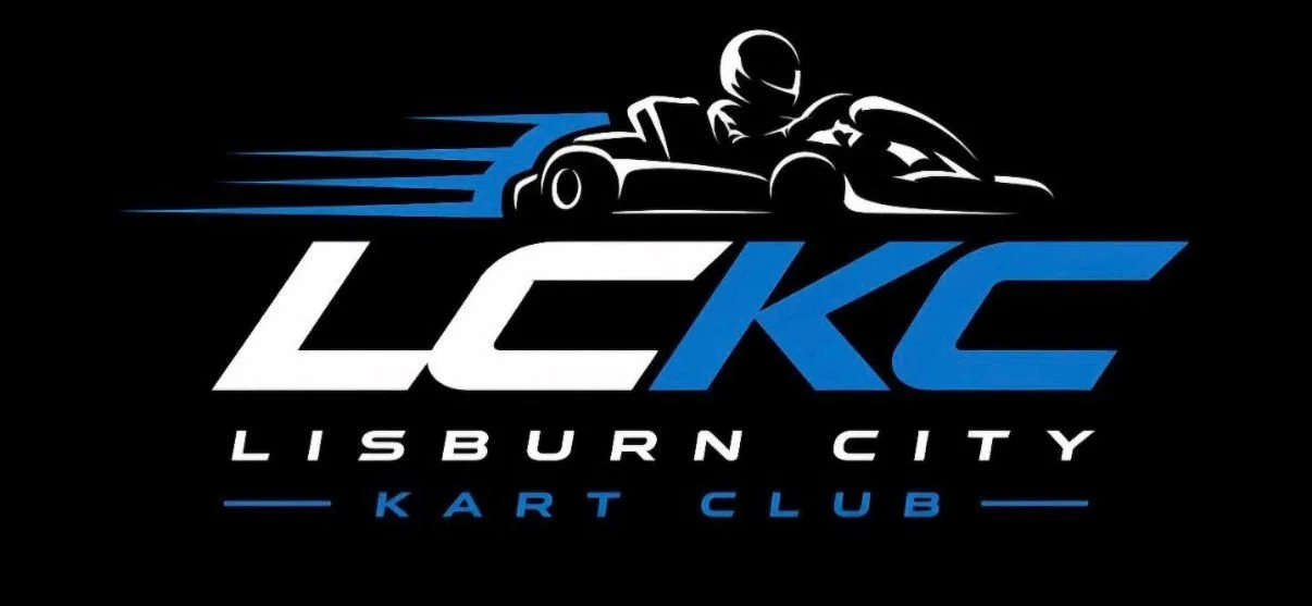 Logo of Lisburn City Kart Club featuring a stylized racing go-kart and driver with blue and white text on a black background.
