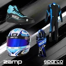 Collection of racing gear including a pair of sparco racing shoes, a racing helmet with a blue and white design, a racing suit, and racing gloves.