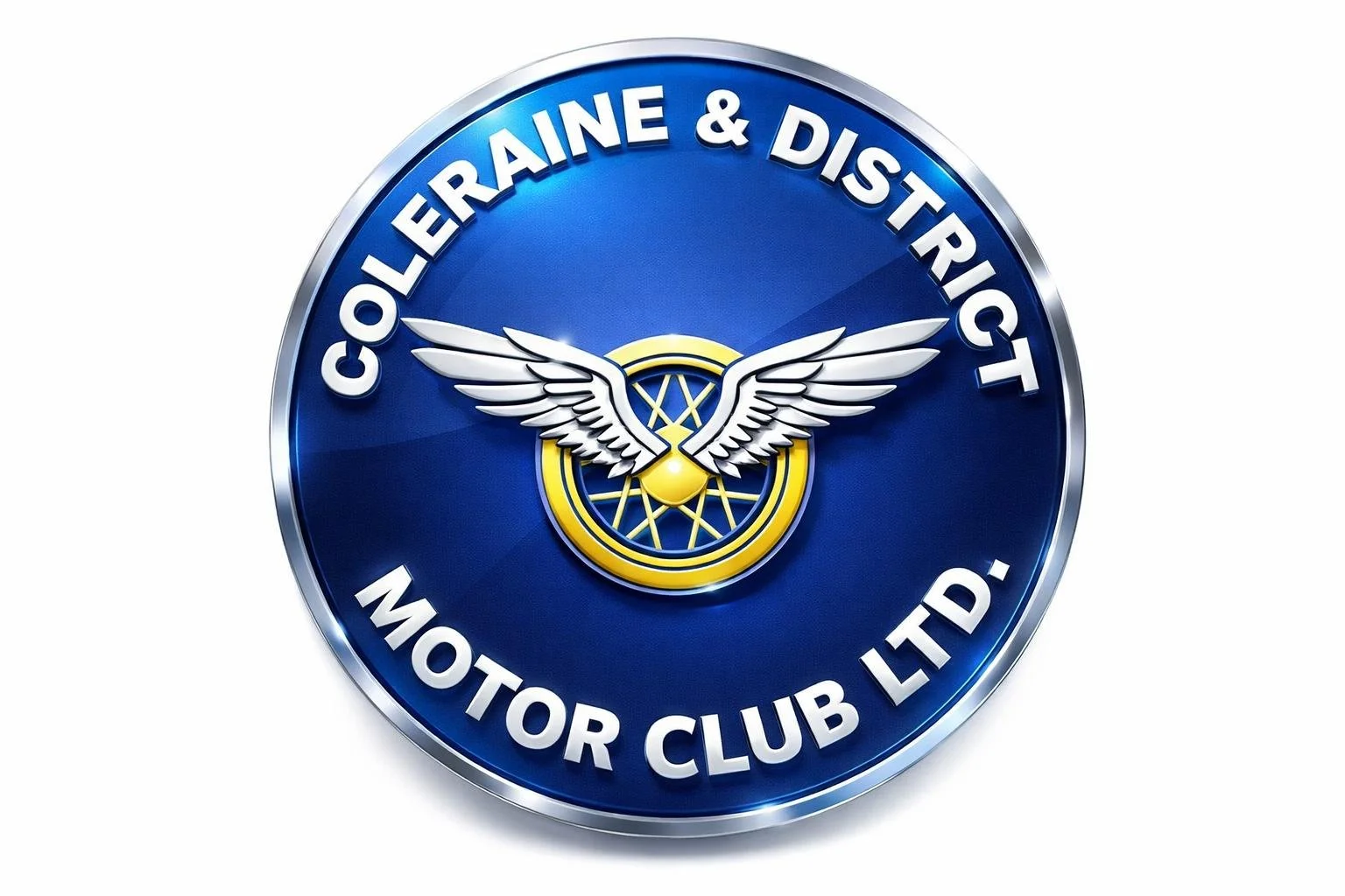Logo of the Coleraine and District Motor Club Ltd featuring a blue circular background, white text, and a central design of wings and a wheel.