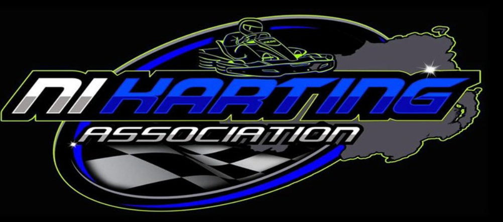 Logo of the Ni Karting Association (NIKA) featuring a race car, a checkered flag, and a silhouette of New Hampshire.