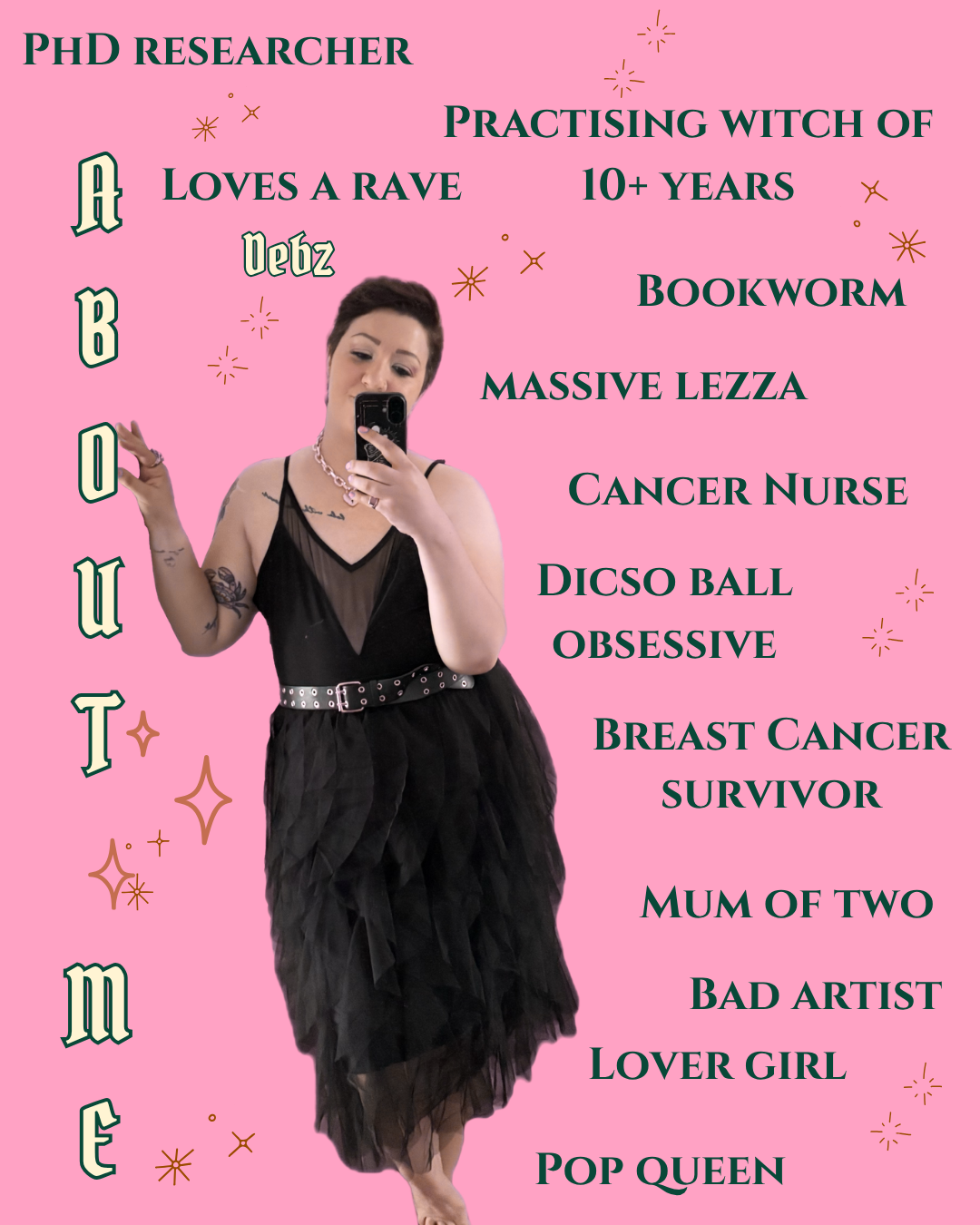 A woman with short dark hair taking a selfie against a pink background with star and sparkle illustrations, wearing a black dress with a sheer top and a studded belt. Text overlay includes words 'PH.D RESEARCHER,' 'Practising witch of loves a rave 10+ years,' and a list of descriptions like 'Bookworm,' 'Massive Lezza,' and 'Breast cancer survivor' among others.