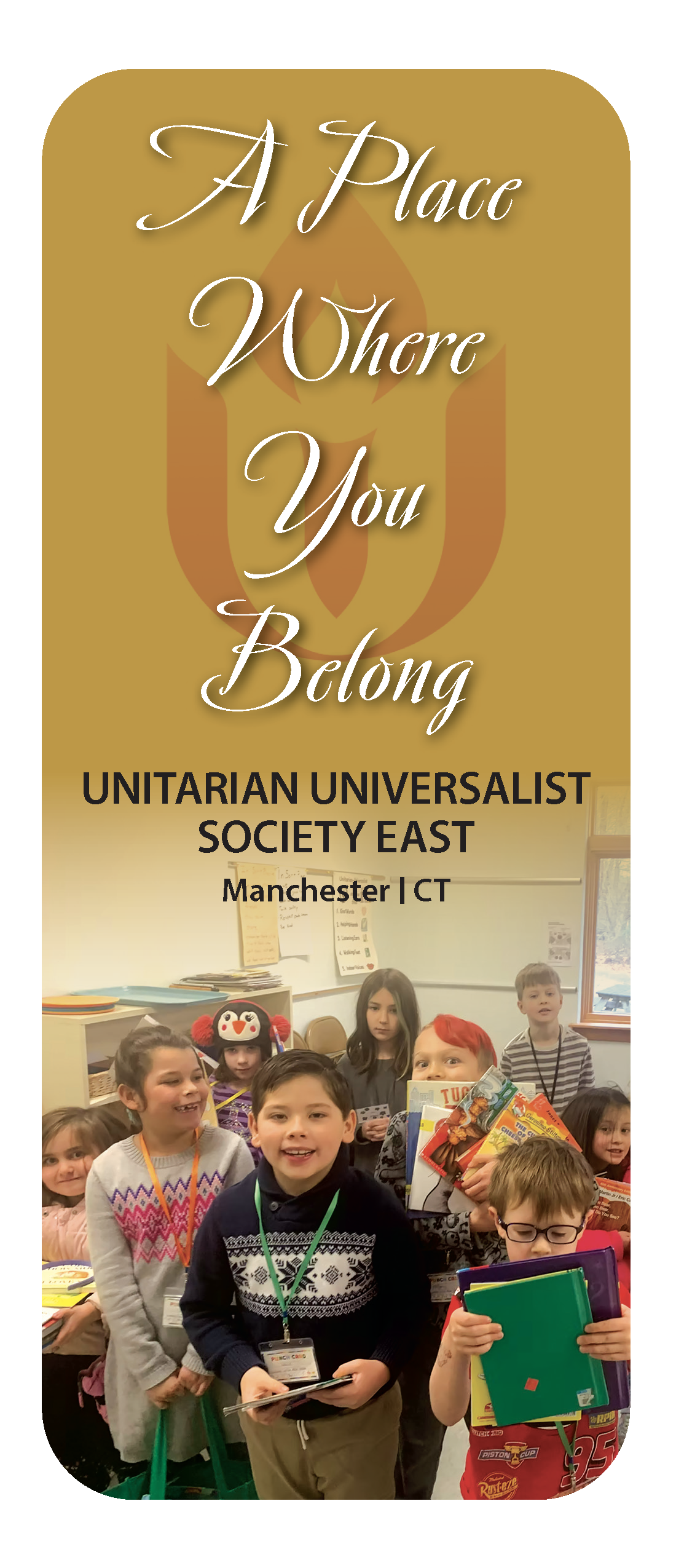 Cover of a trifold brochure. The script title "A Place Where You Belong" sits on gold above a photo of smiling children holding books.