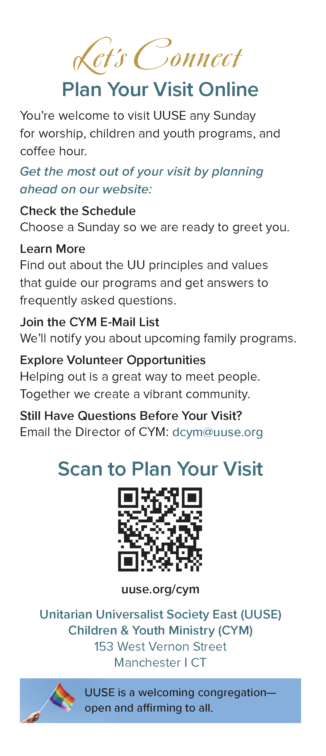 Back panel titled "Let's Connect" with ways to plan a visit, a QR code, the address, and a banner saying open and affirming to all.