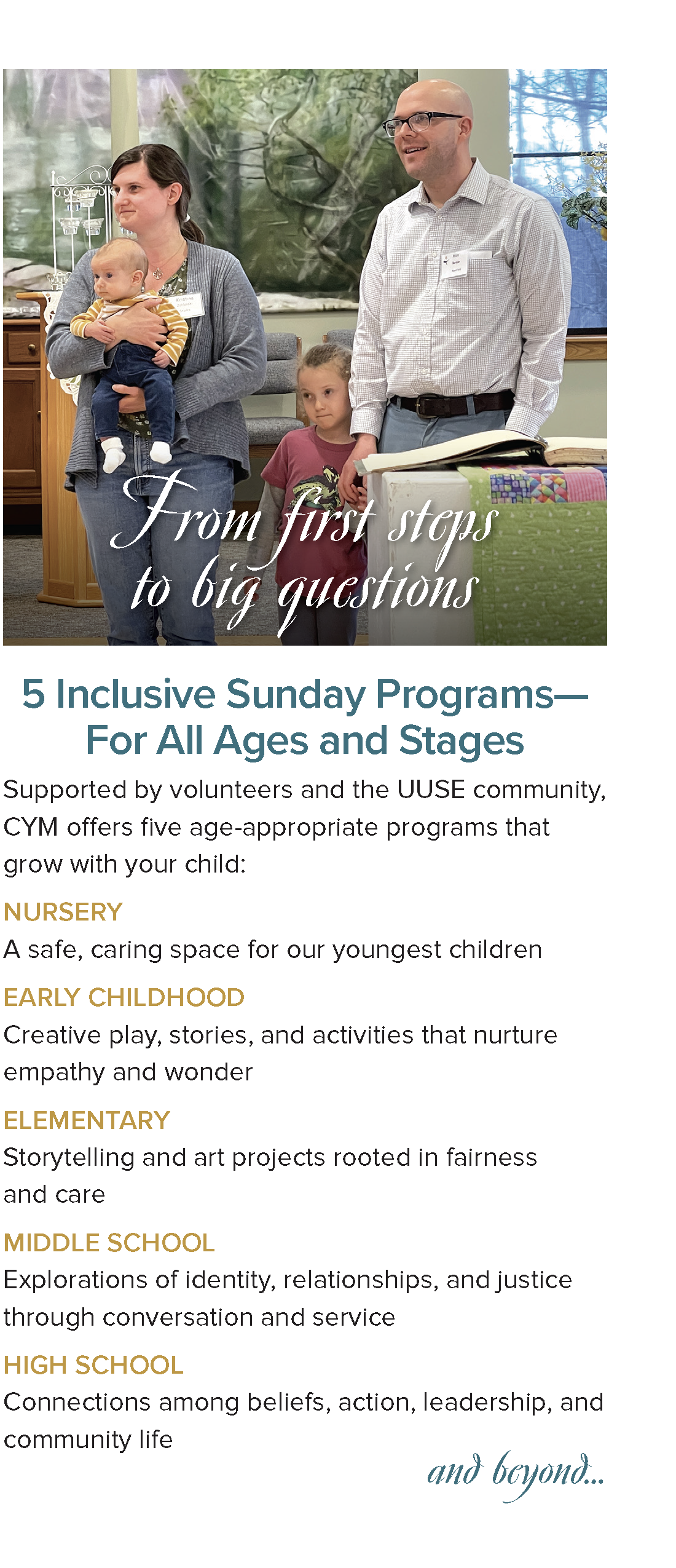 Panel with a photo of a family at a child dedication. Below it, five age-based programs are listed in order, from nursery through high school.