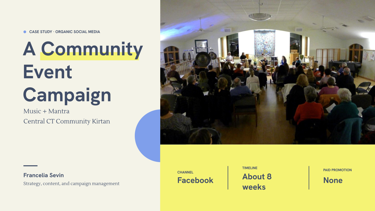 Title slide shows photo of  a seated crowd on the right. Title reads "A Community Event Campaign"