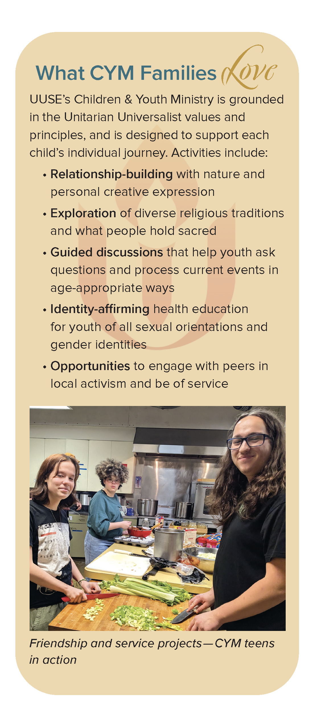 Panel titled "What Families Love" on a soft gold background. A bulleted list of activities sits above a photo of teens cooking together for a service project.