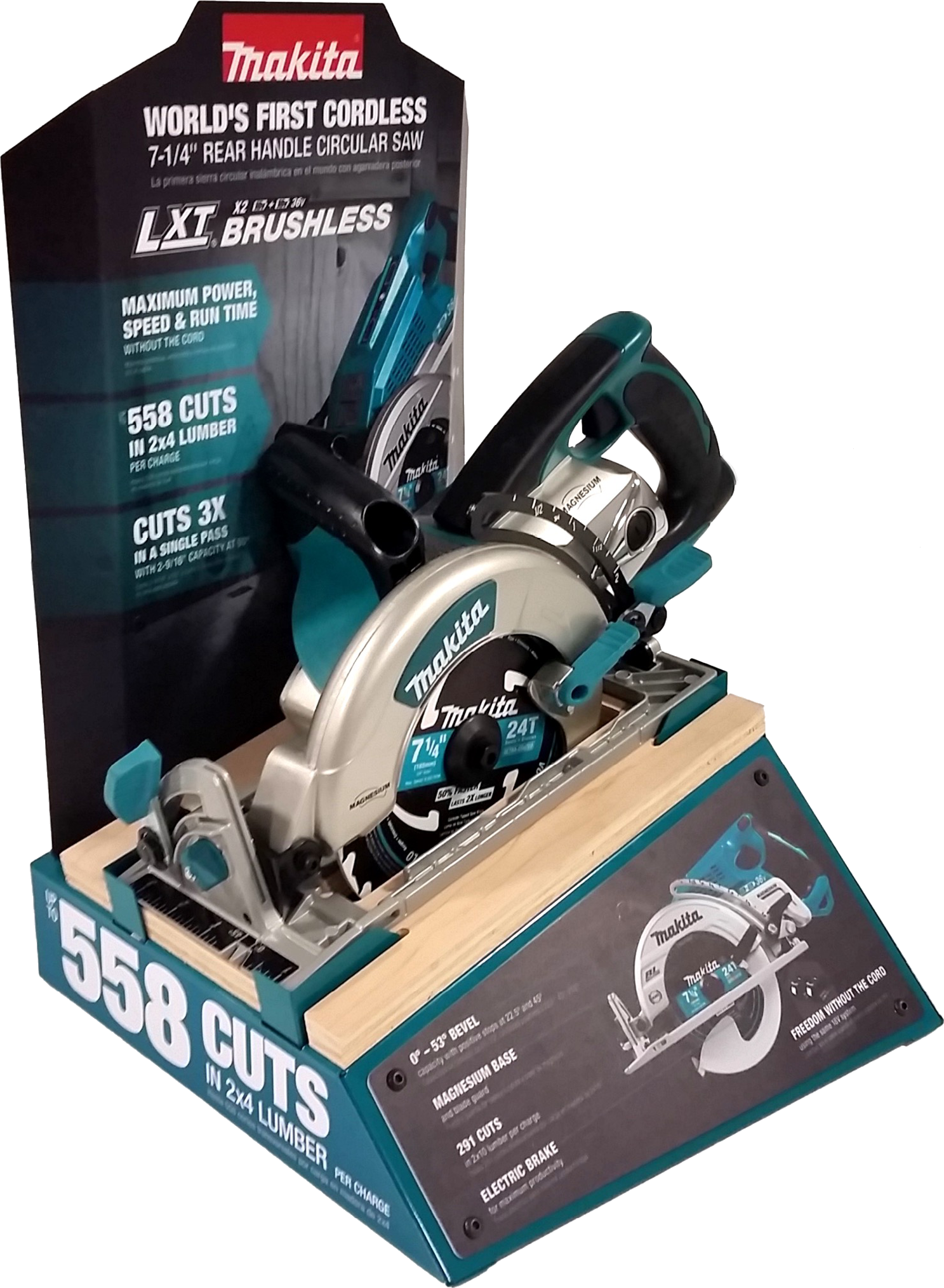A Makita cordless circular saw in its packaging box. The box highlights features such as a 7-1/4 inch blade, brushless motor, and capacity for 558 cuts in 2x4 lumber on a single charge.