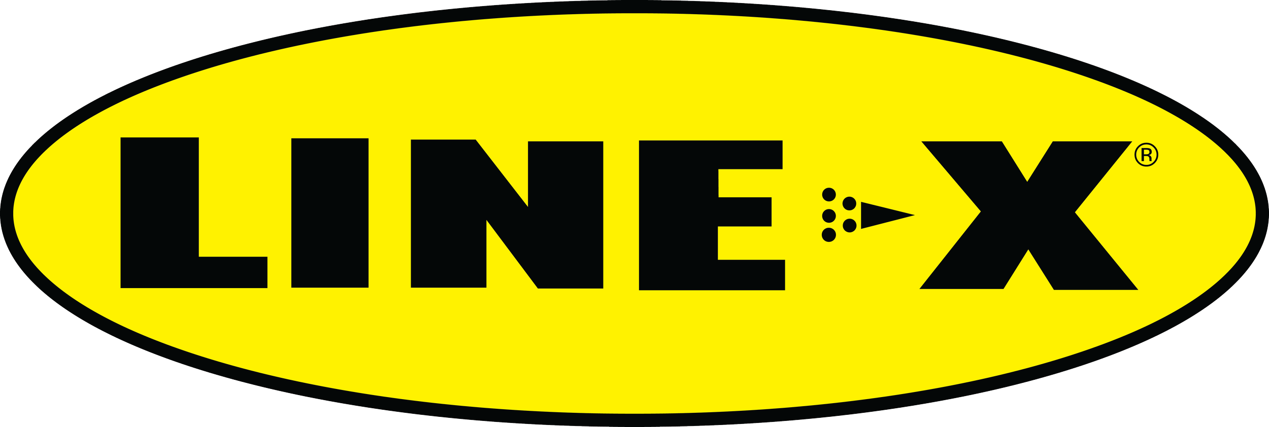 Yellow oval sign with black text and symbols reading "LINEX" and an EINX logo.