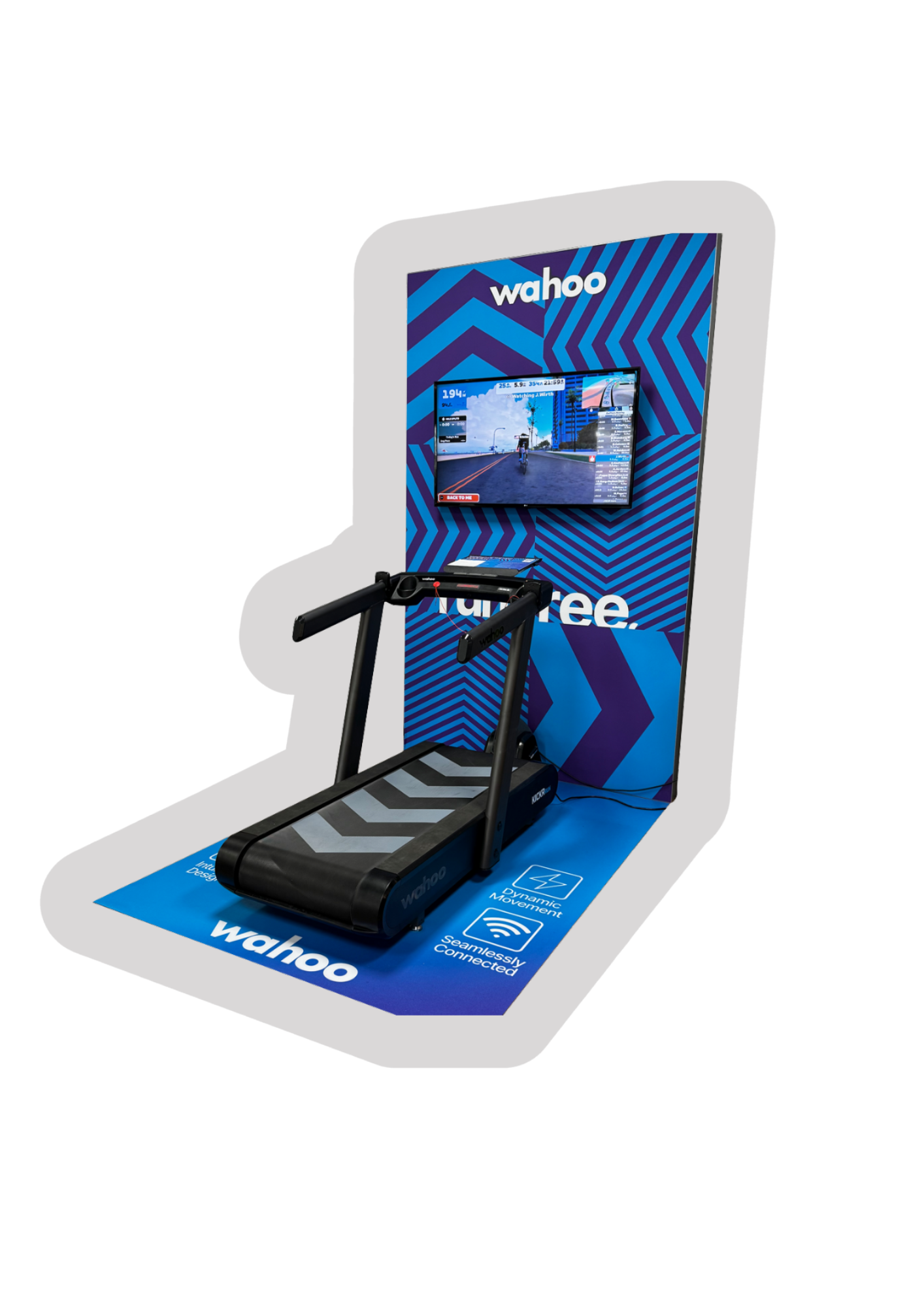 A treadmill with a built-in screen and a large display monitor on a blue and black background branding for Wahoo, highlighting features like dynamic movement and seamless connectivity.